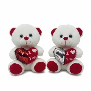Unbranded Adorable White Teddy Bear with Sequin Silver & Red Heart Valentines
